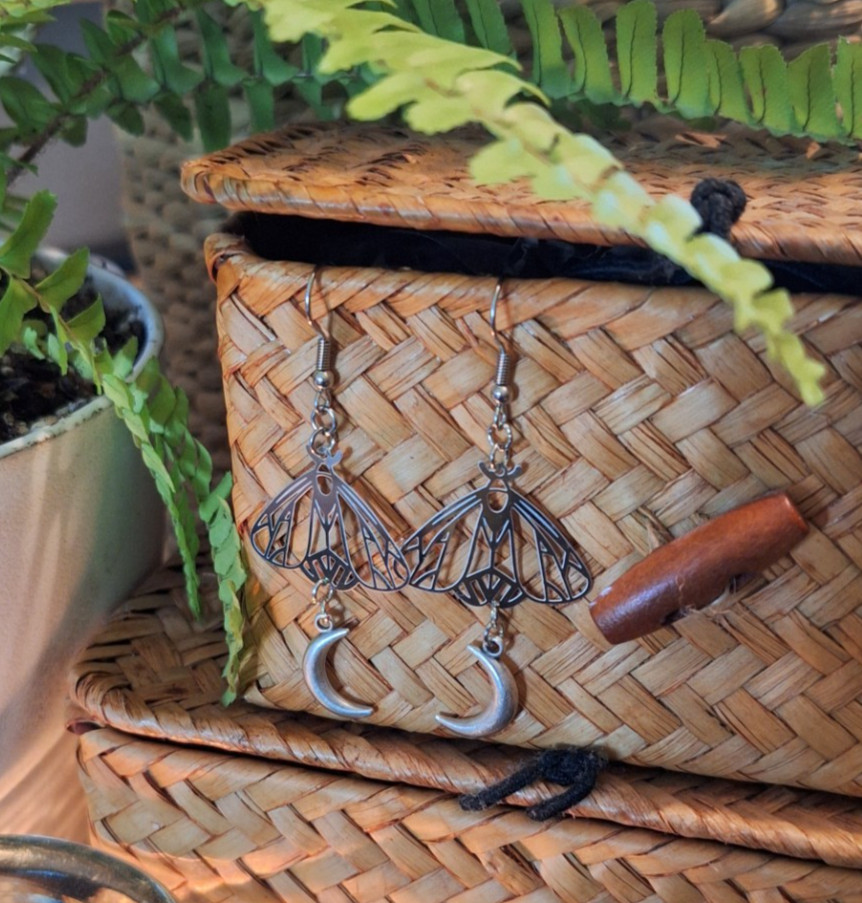 silver crescent moon moth earrings || handmade