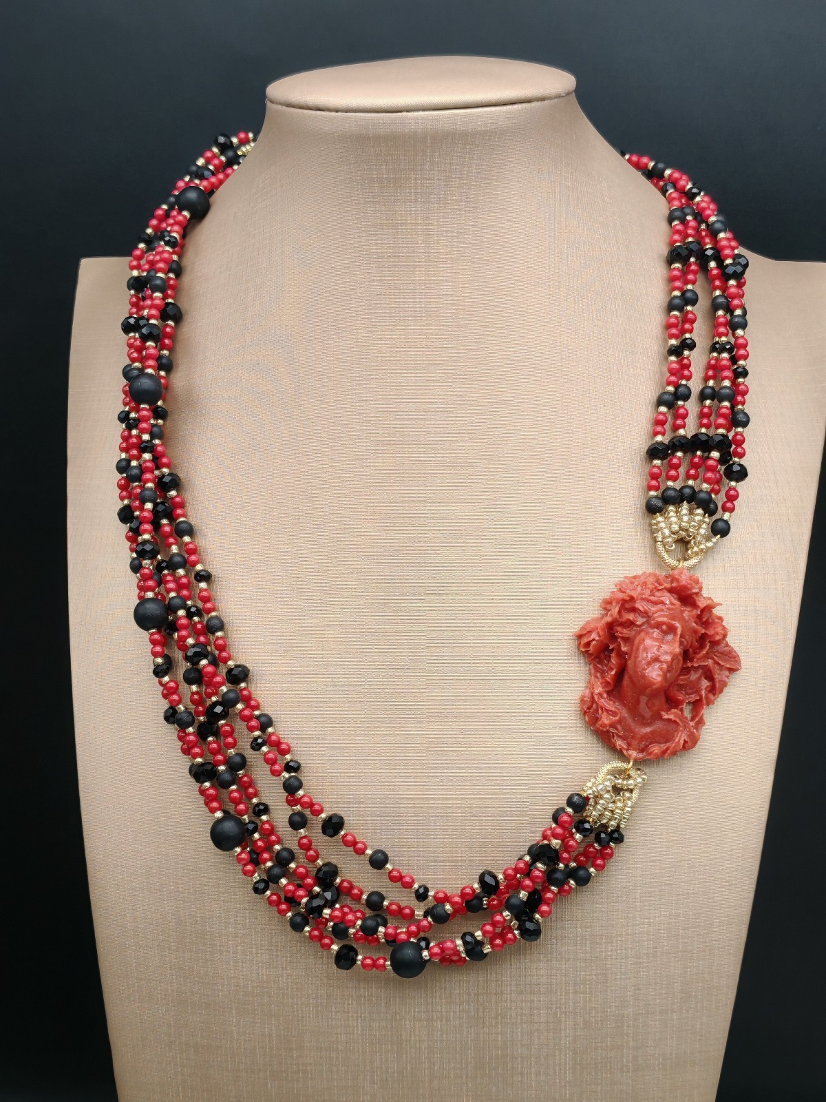 Women Red Coral Cameo Multifilament Elegant Onyx Necklace Made in Italy