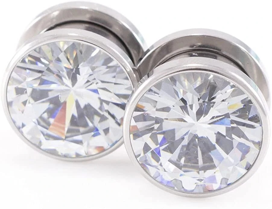 Pair of Ear Plugs Large CZ Gem Screw-Fit 316L Surgical Steel – 4 Color Available