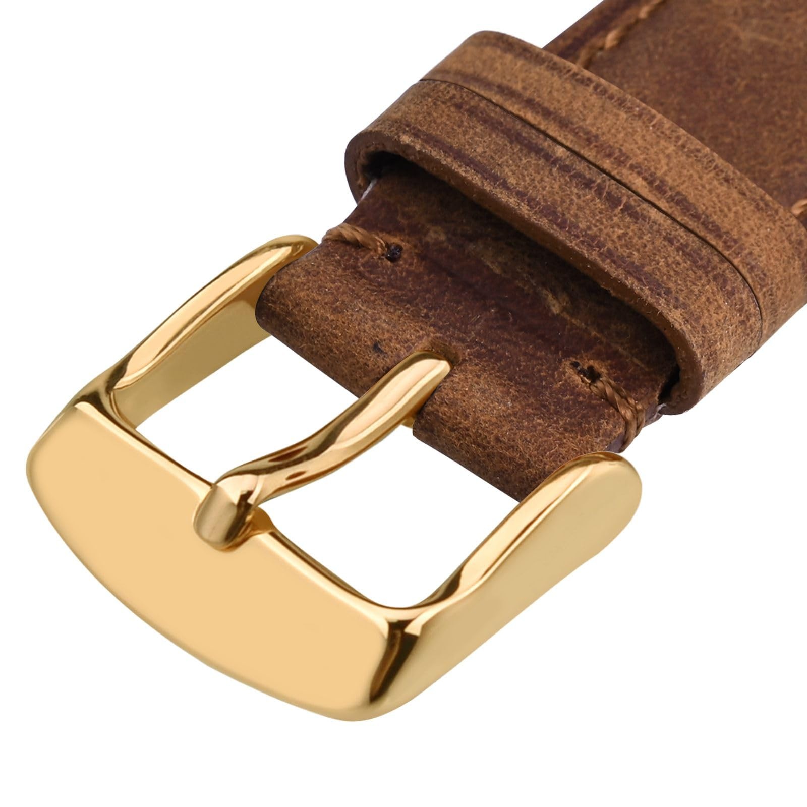 18mm Genuine Leather Watch Band with Gold Buckle (Caramel Brown)
