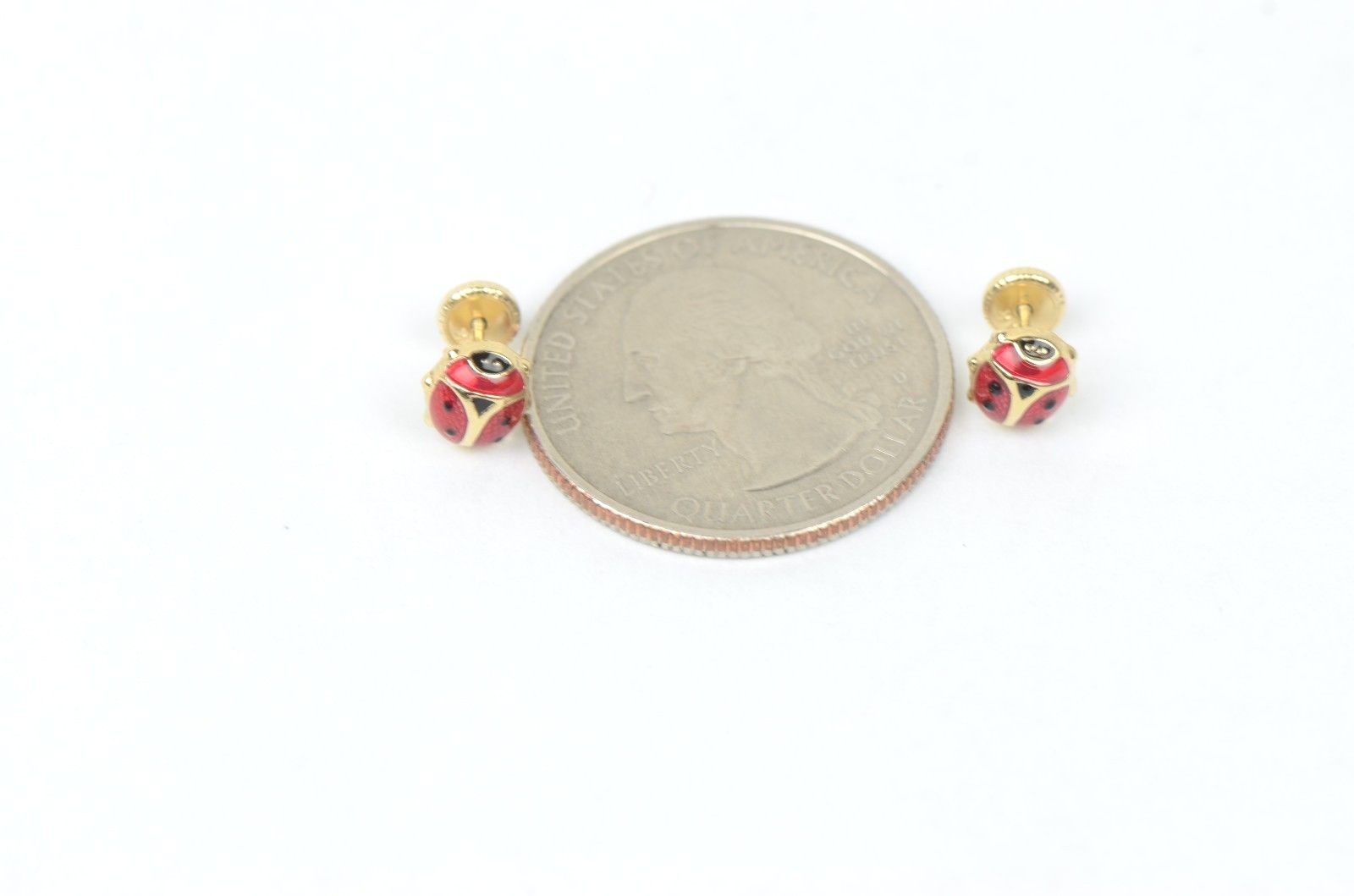 14k Yellow Gold Red and Black Enamel Lady Bug Baby earrings, Screw Back
