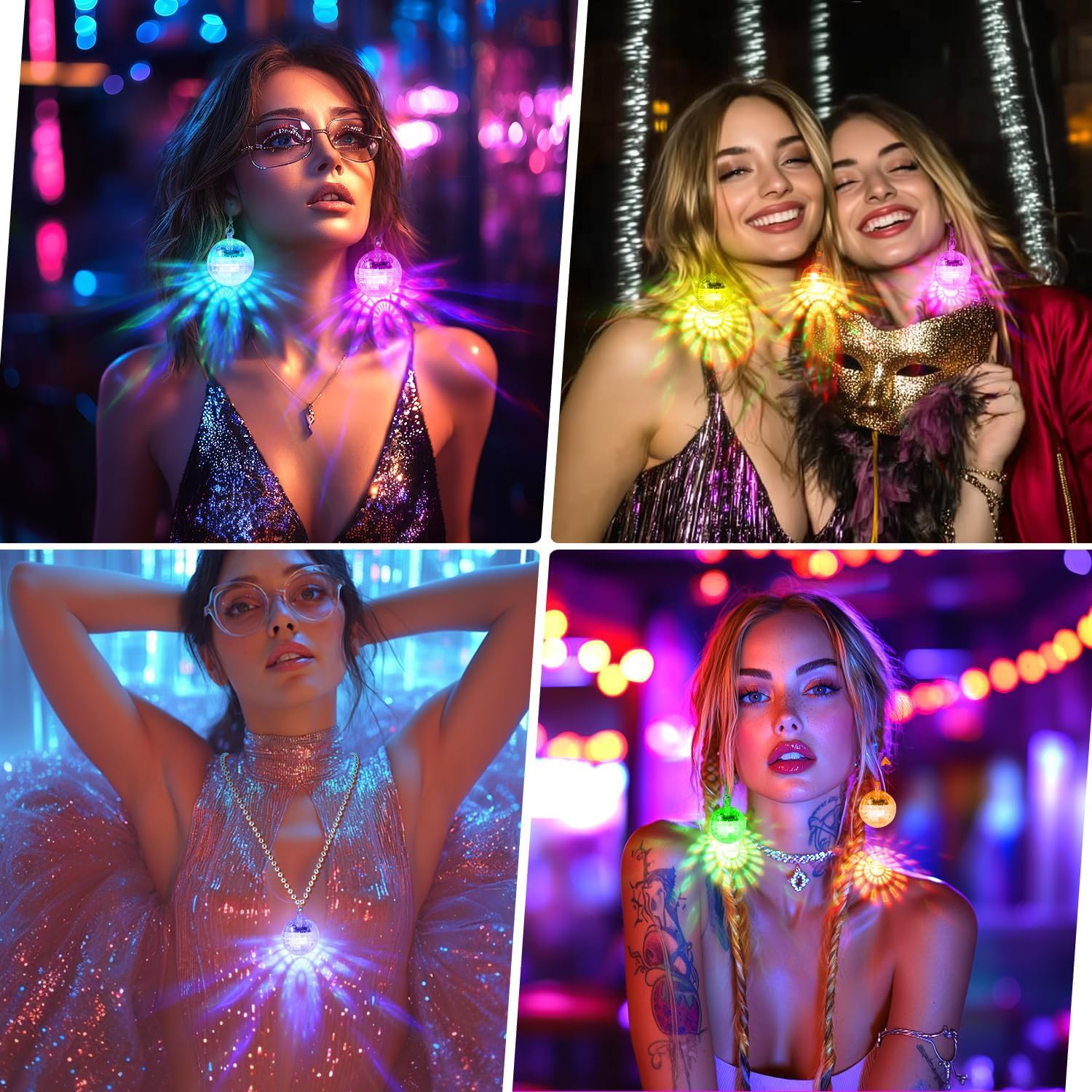 Disco Ball Earrings USB Rechargeable LED with 16 Light Modes for Party Gifts