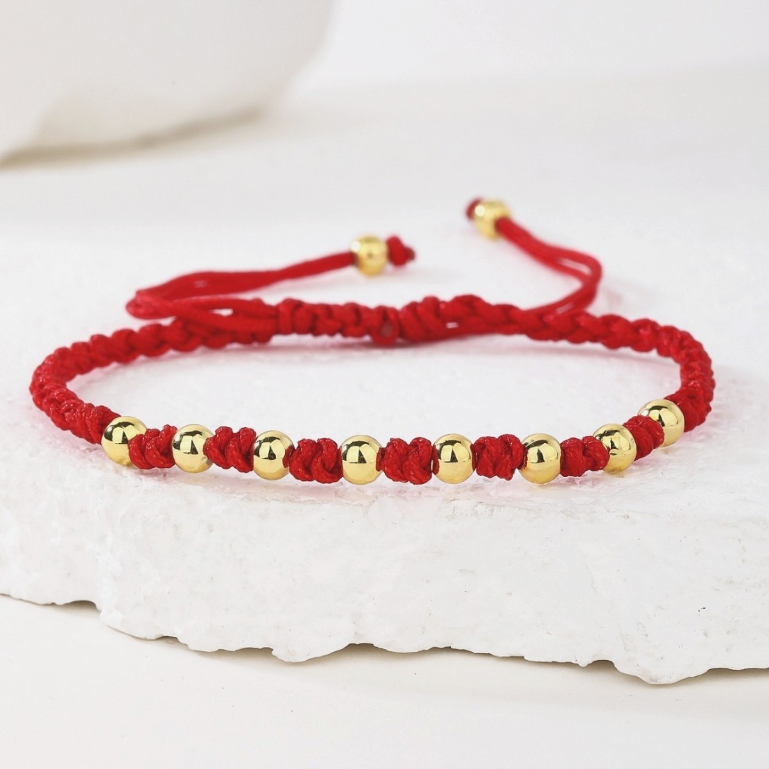 Red Woven Cord Gold-plated Small Round Bead Lucky Bracelet Adjustable Drawstring