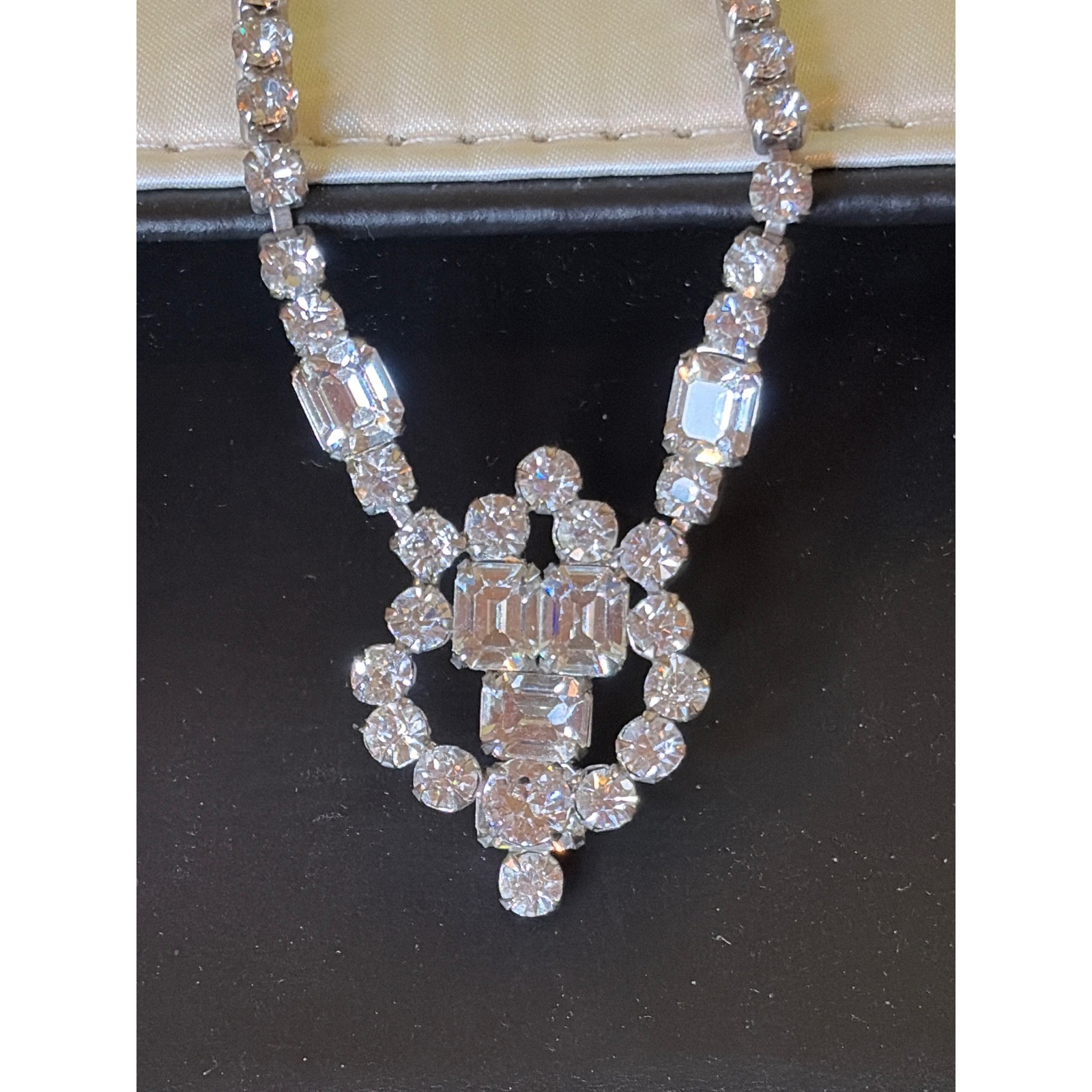 Vintage Silver Tone Rhinestone Choker Necklace Emerald Round Cut Bridal 15 Inch