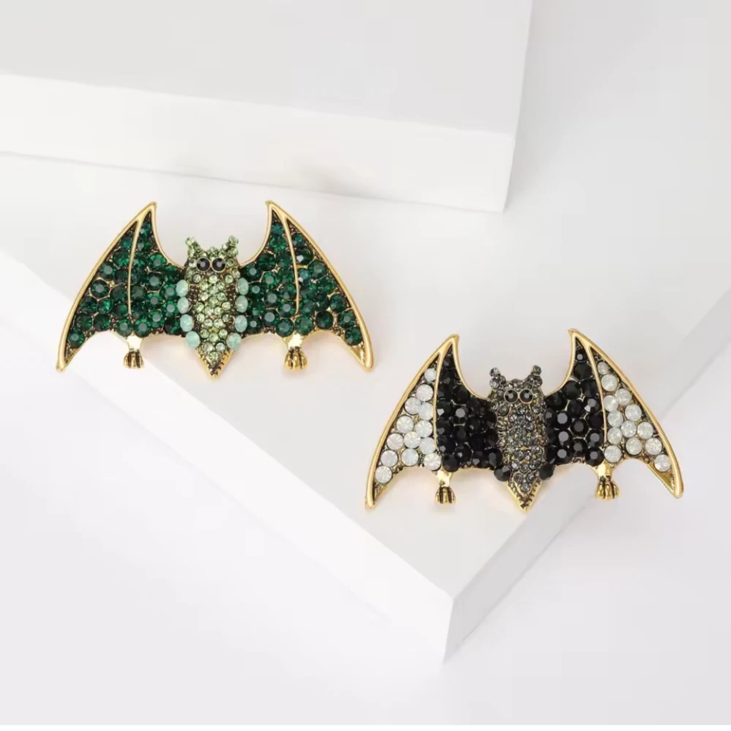 Bat Brooch Pin Gold Tone Metal Black & White Round Rhinestone Crystals