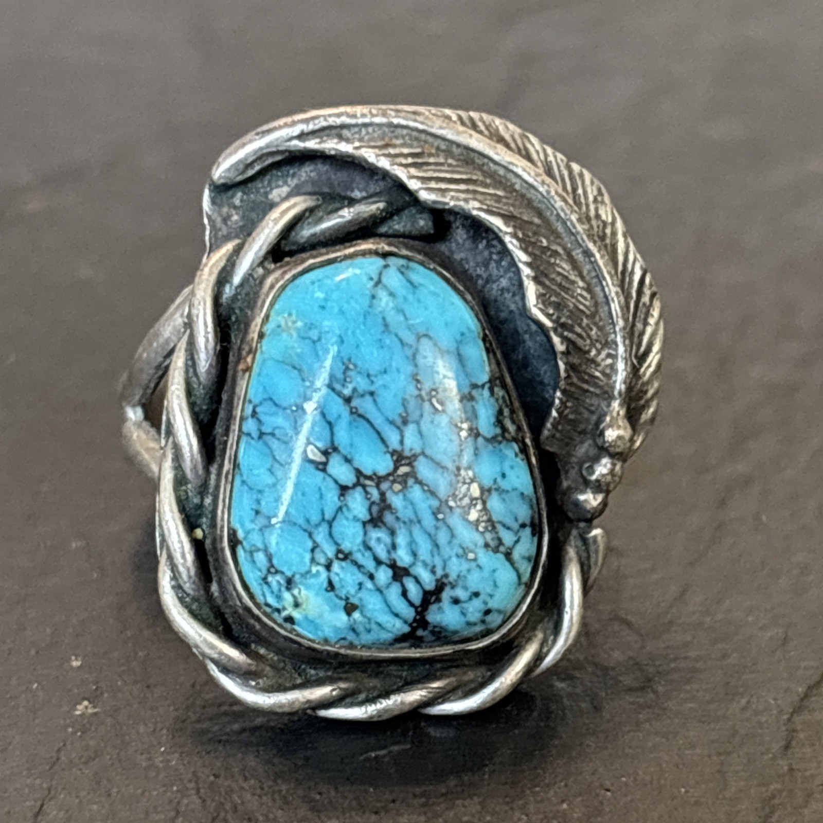 LY YL Navajo Vintage Ring Intense Turquoise Size 5.5 Sterling Silver
