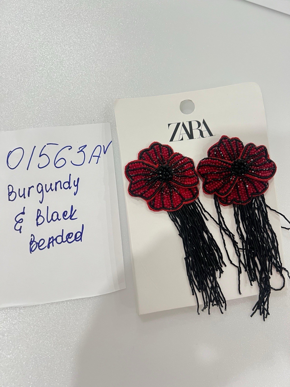 New Zara Woman Floral Beaded Earrings Dark Red Burgundy Black