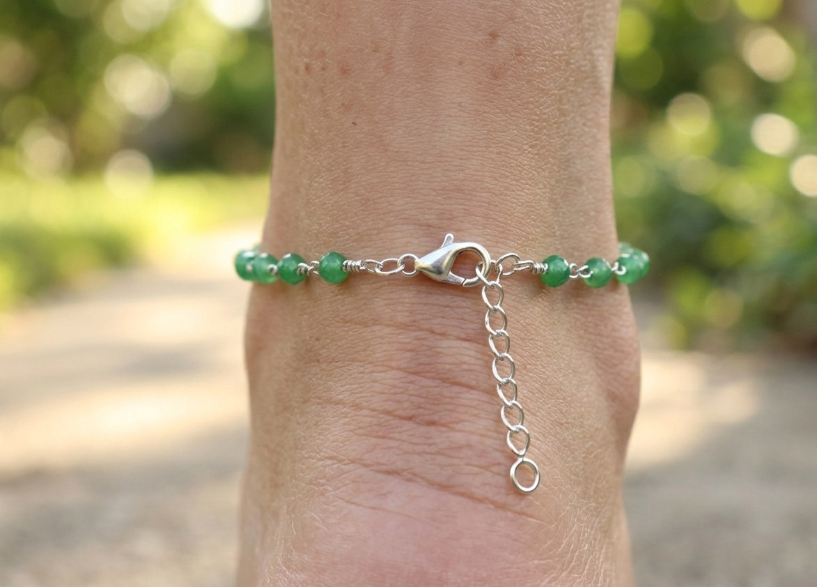 Chic Emerald Green Bead Boho Anklet | Silver Tone Brass Chain Designer Anklet