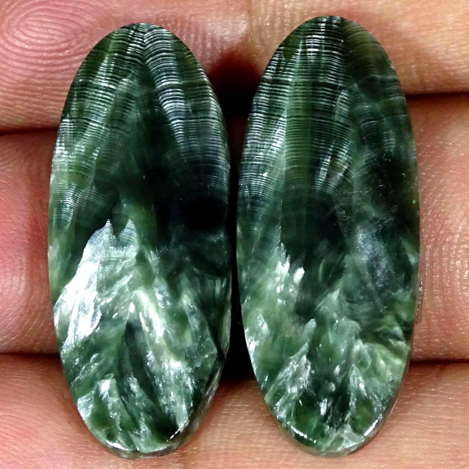 27.40Cts AAA Natural Green Seraphinite Pair Oval Cabochon 13X31X4MM