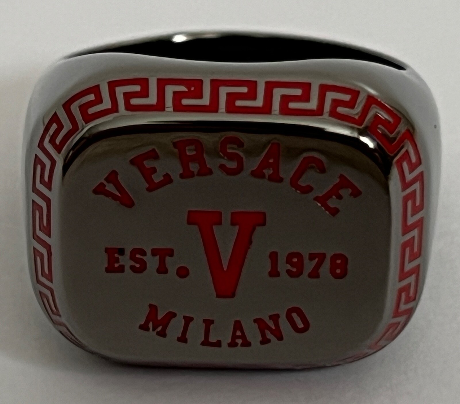 NIB Versace Varsity Red V Greek Key Logo Ruthenium Signet Ring Sz 17 US 8 $495