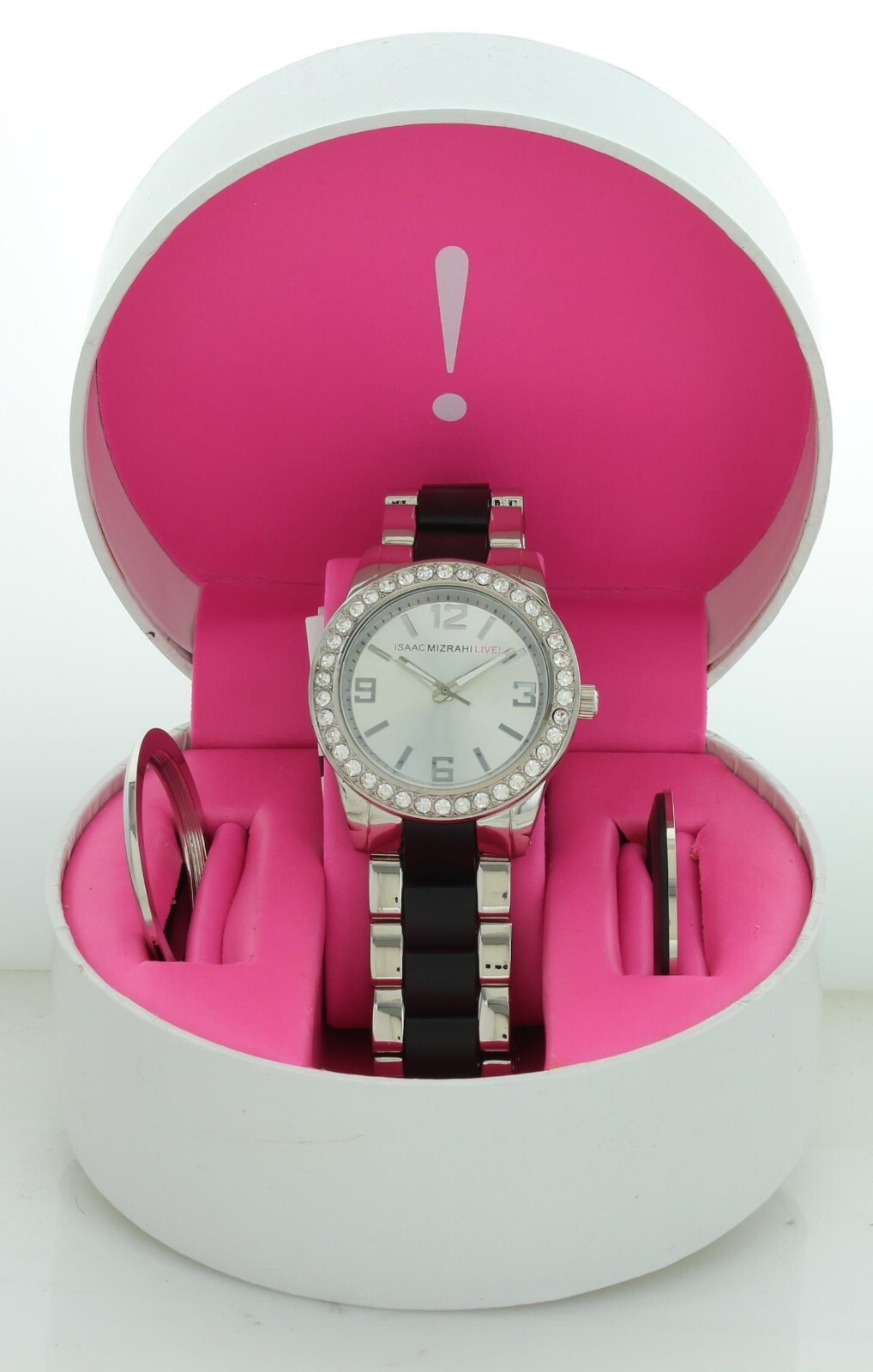 NIB Isaac Mizrahi Live! Ladies Two tone Watch Silver tone/Black & 2 Extra Bezel