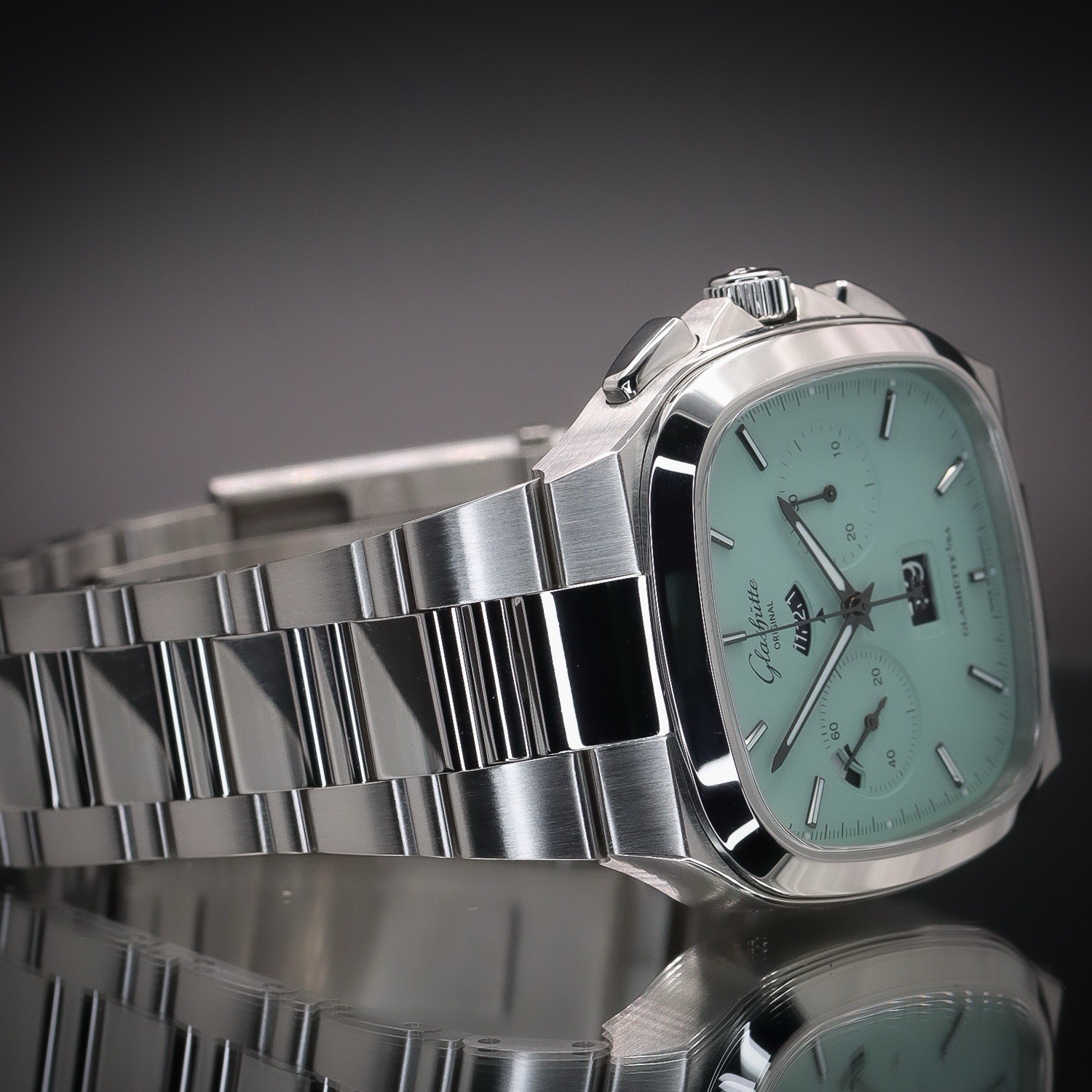 GLASHÜTTE Seventies Chrono Panorama Date Turquoise 1-37-02-15-02-70 Full Set