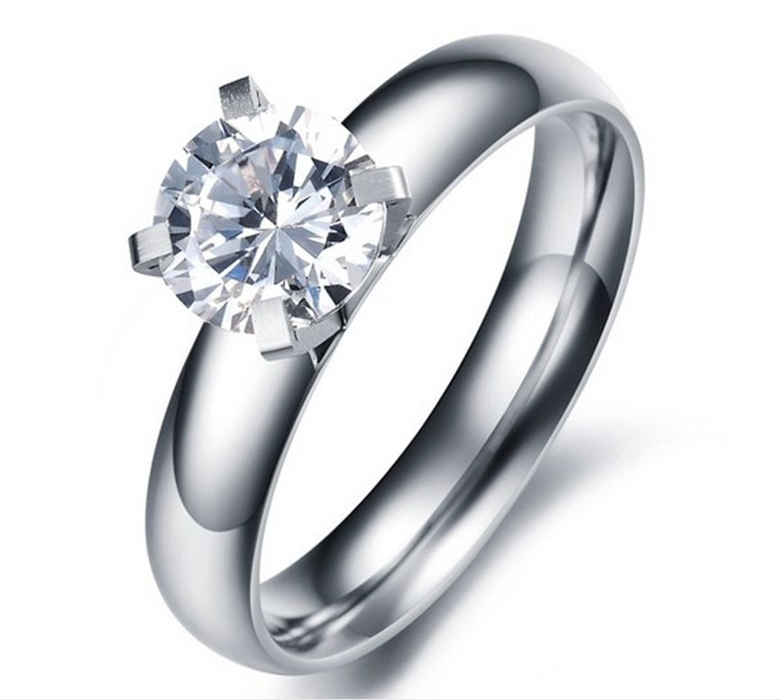 Stainless Steel 316L Round CZ Cut Solitaire Engagement Ring Wedding Band
