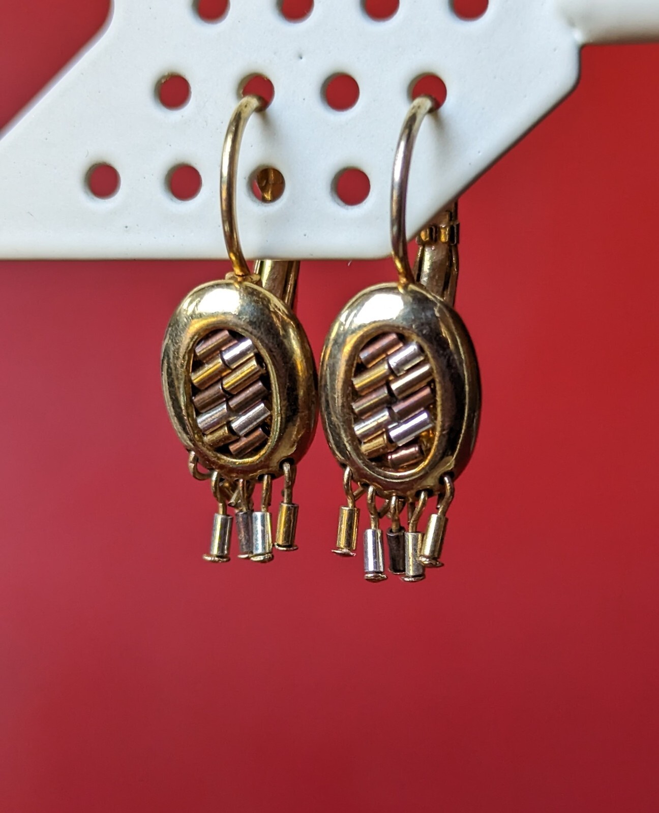 Tri Color Silver Gold Copper Tone Mosaic Barrel Fringe Dangle Drop Earrings
