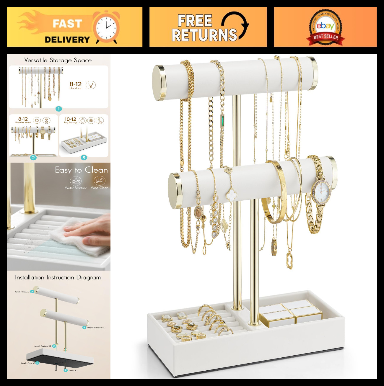 2 Tier Leather Jewelry Organizer Stand – Bracelet, Necklace, Ring & Earring Hold