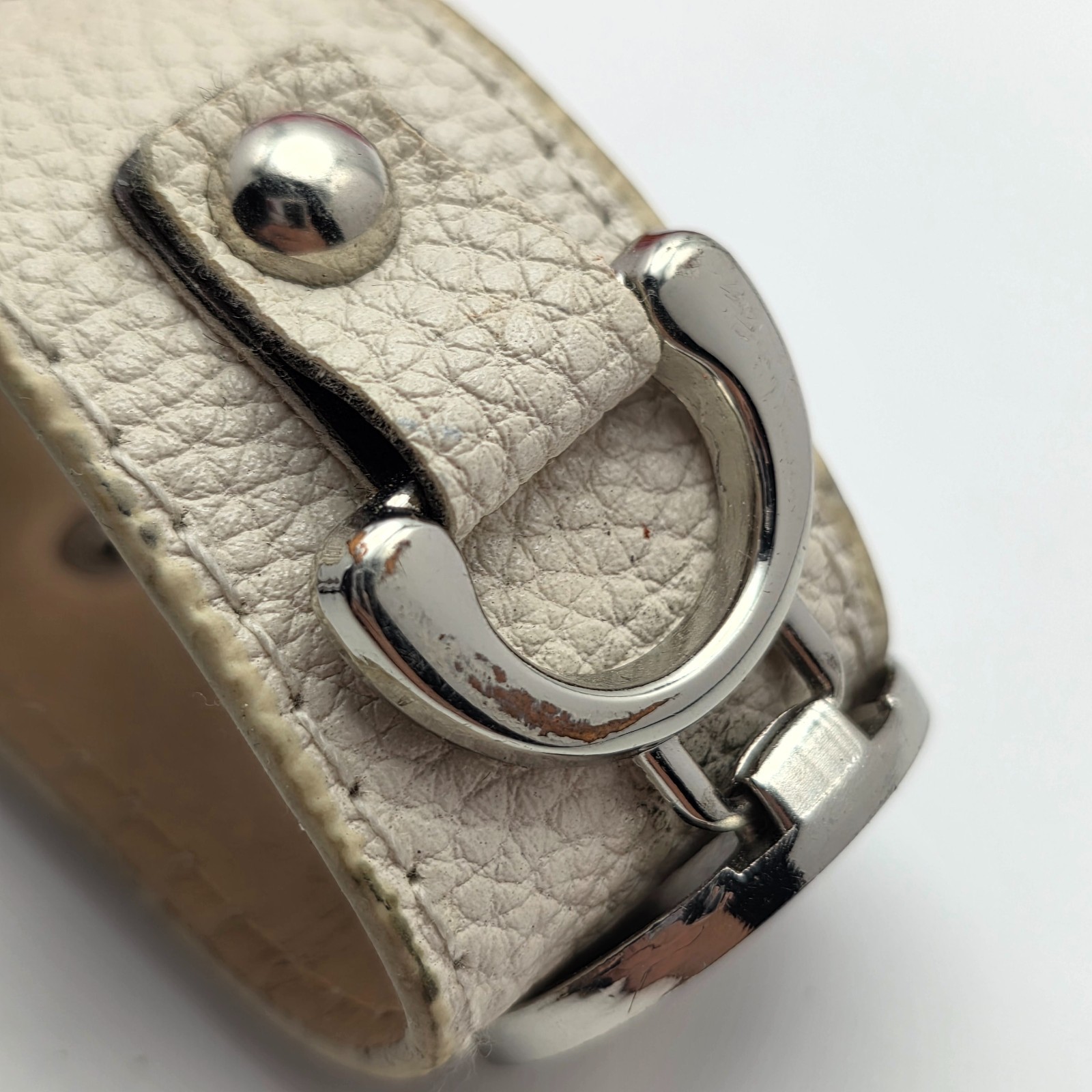 Initial J Beige Leather Cuff Bracelet 8 in Silver Tone Monogram Snap 30mm