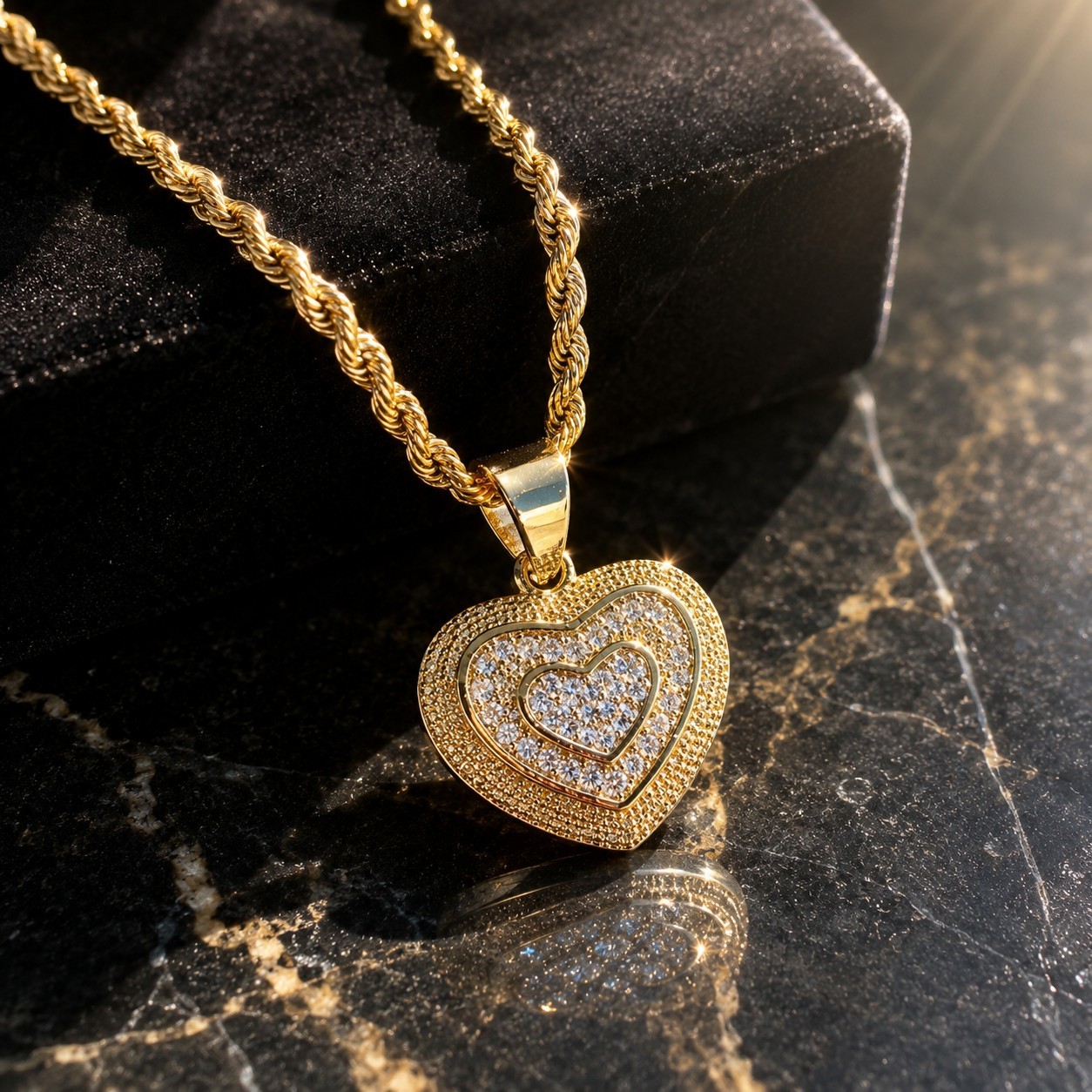 14K Heart Necklace & Pendant Gold Filled Set With Rope Chain Women’s Love Gift