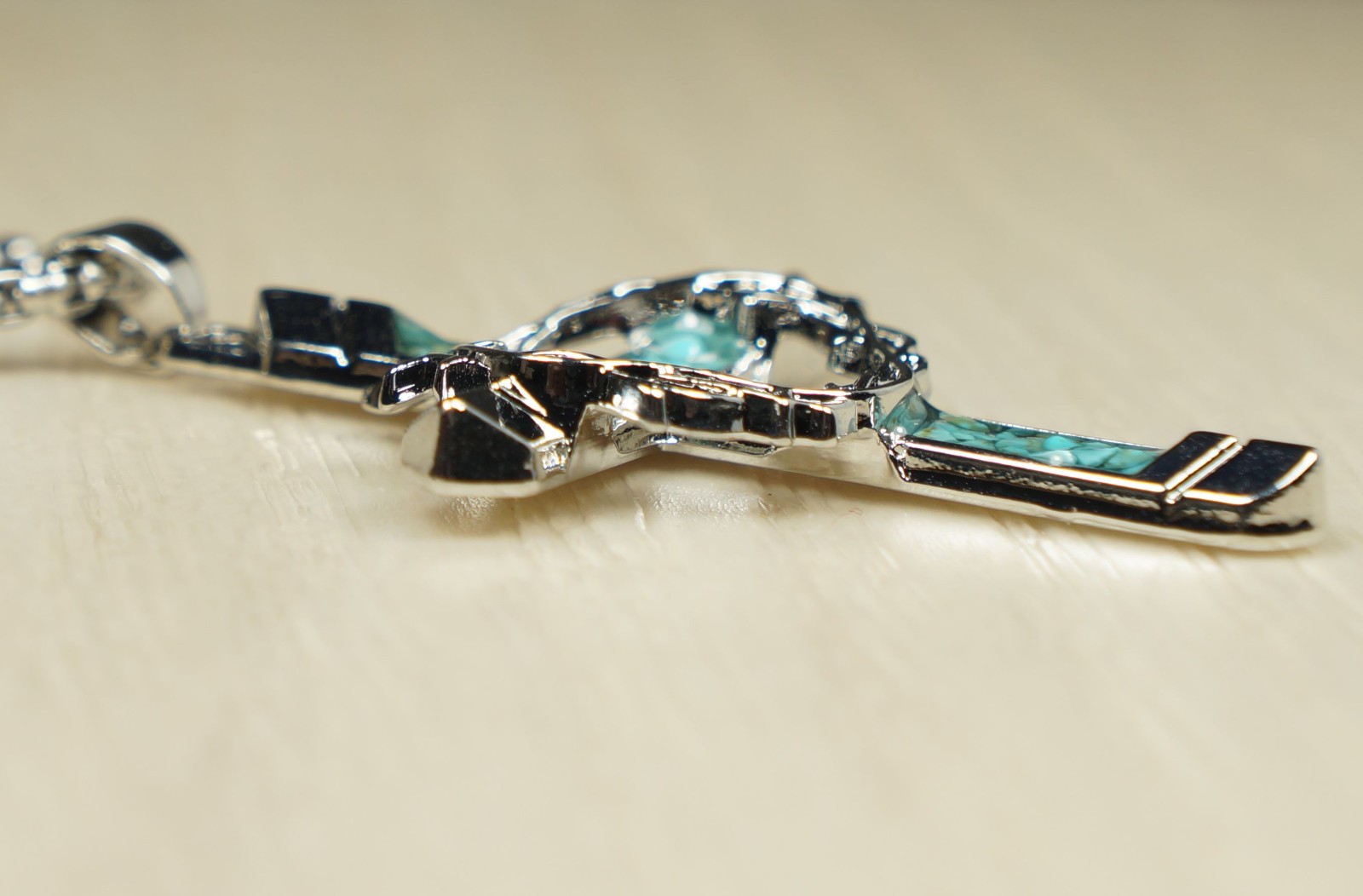 Silver Cross & Crown of Thorns Pendant Turquoise Inlay, Stainless Steel Chain