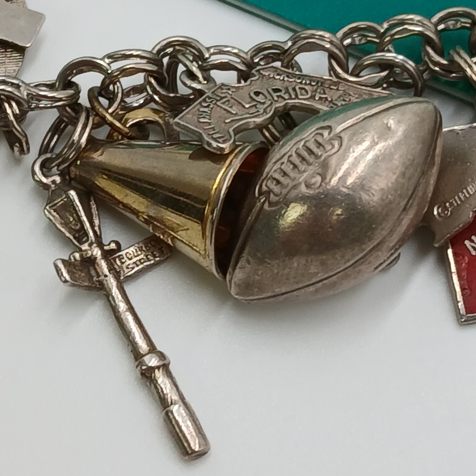 VTG 60s Charm Bracelet 8in Sterling Silver 70g JANE School Travel Faith South US