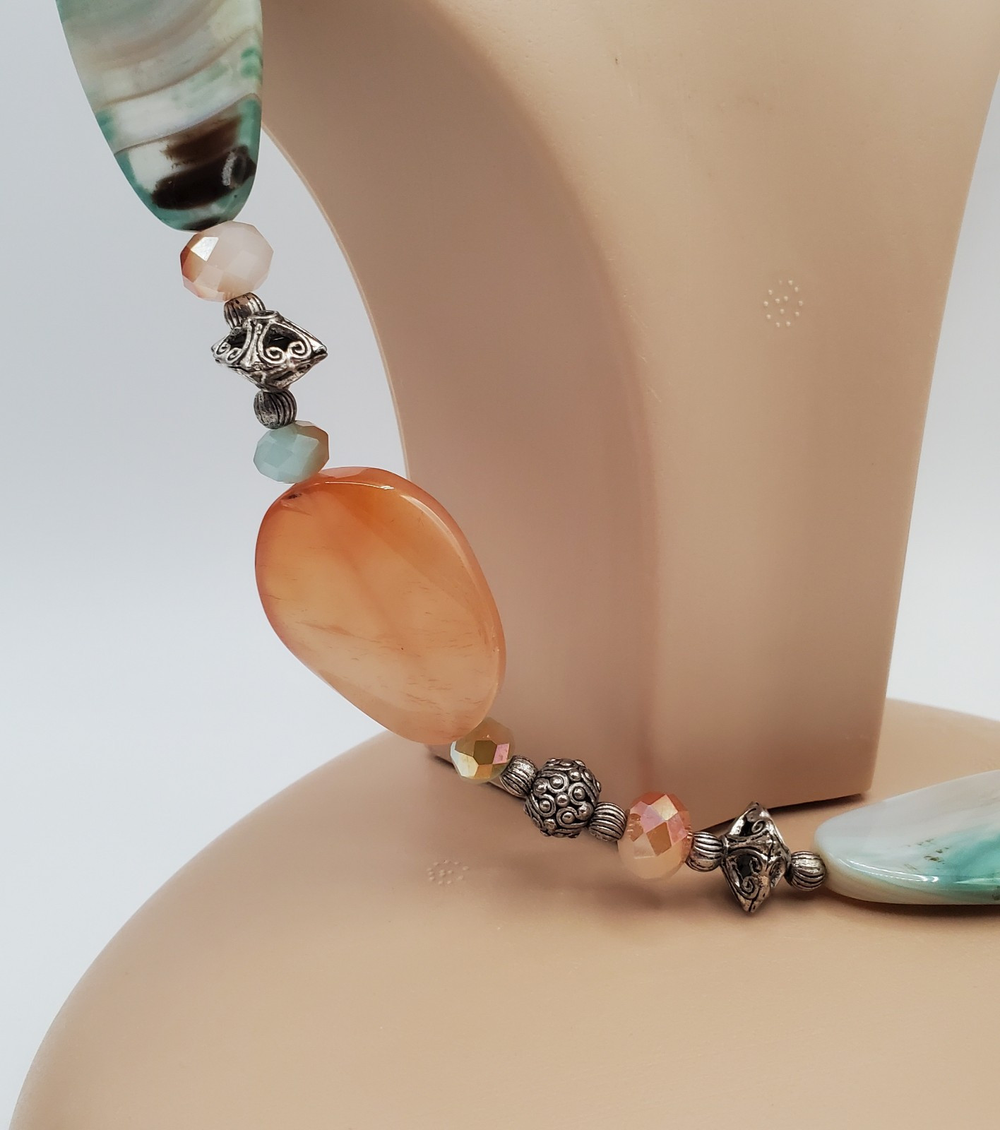 Banded Agate Stone Necklace 32in Peach Aqua Green Brown Polished Natural Beads
