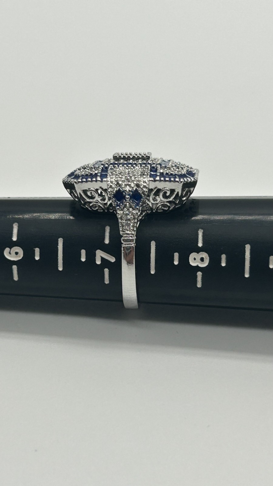 ✨ Silver Tone Art Deco Style Cocktail Ring – Sapphire Blue & Clear CZ – Size 7 –
