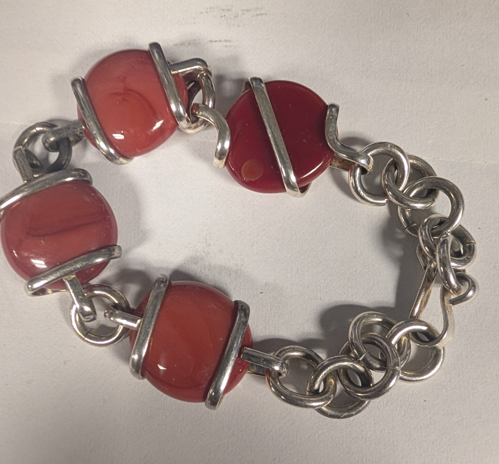 925 Sterling Silver Red Carnelian Cabochon Link Bracelet 33.9g 8.25″ Heavy