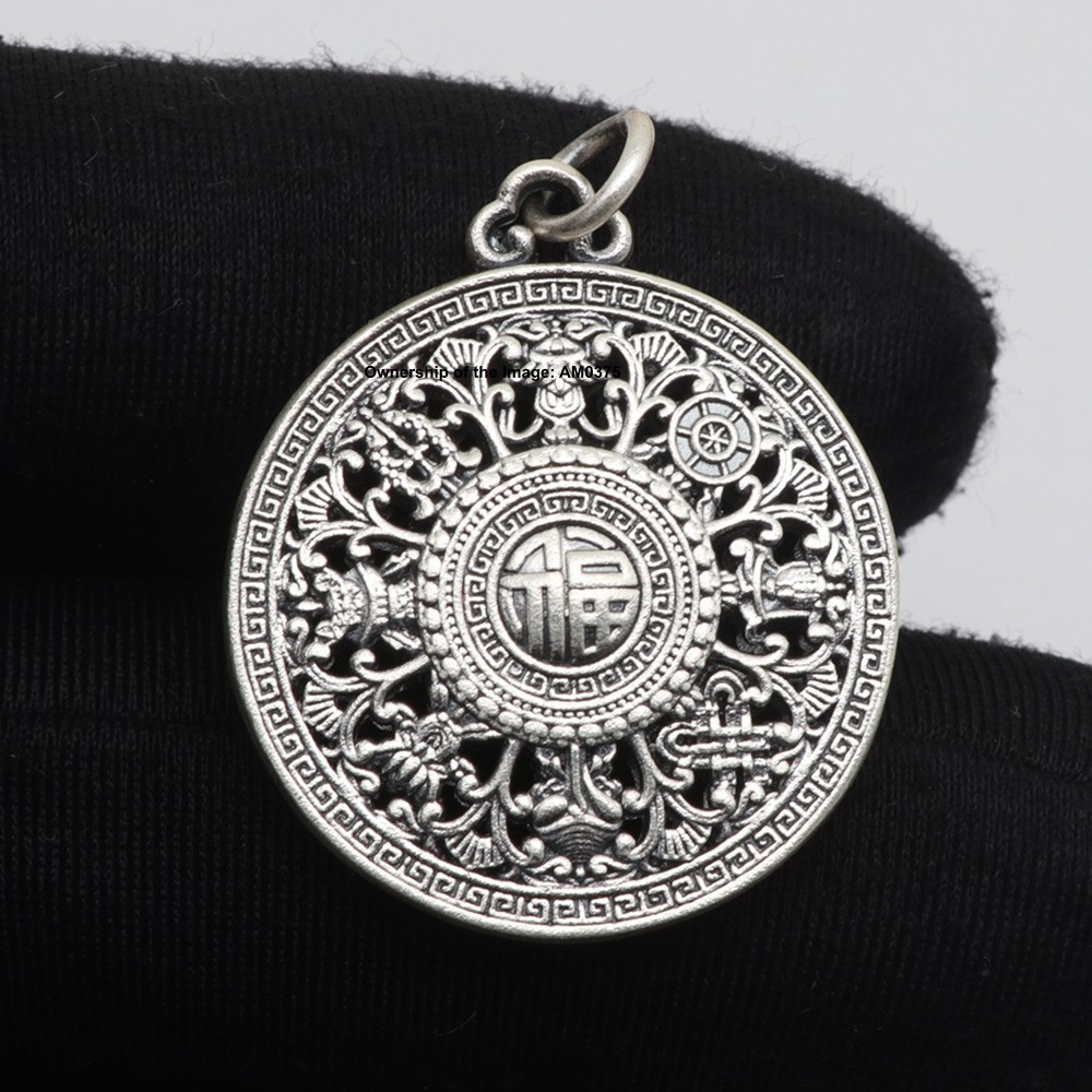 New Pure 999 Fine Silver Pendant Vintage Style Buddhist Treasure Compass Pendant