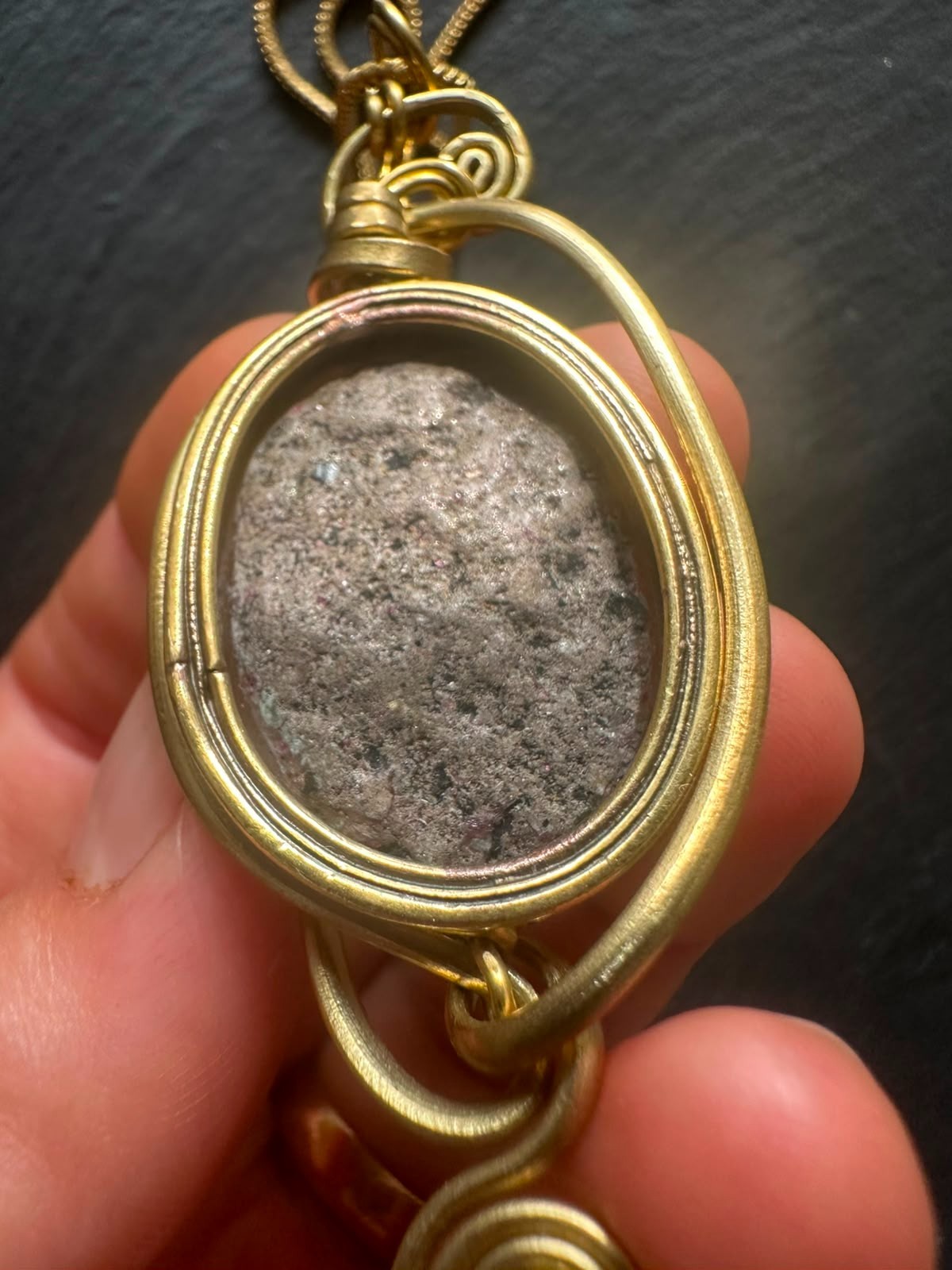 Handmade Brass Agate Necklace Natural Stone Pendant Artisan Spain 44cm 25g