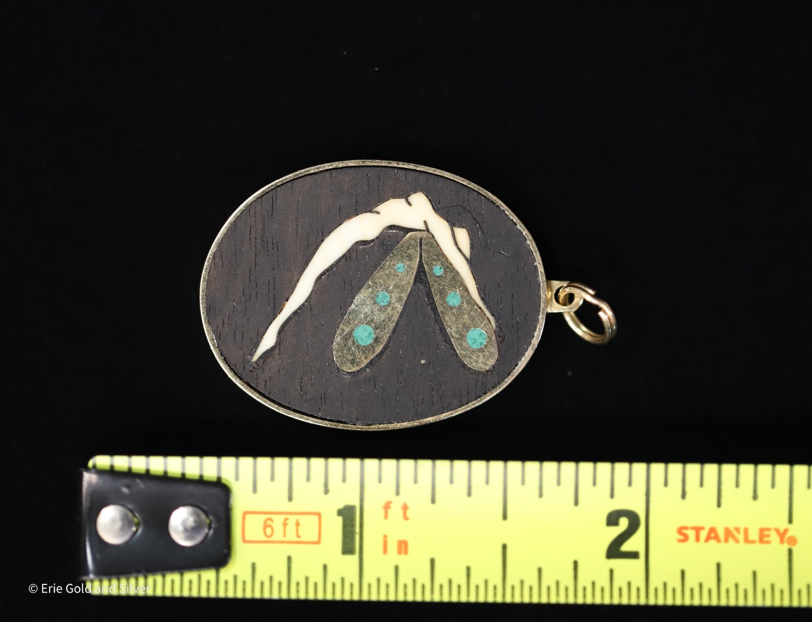 14K YG Pietra Dura Angel Fairy Wood + Turquoise Inlay Pendant – Handmade