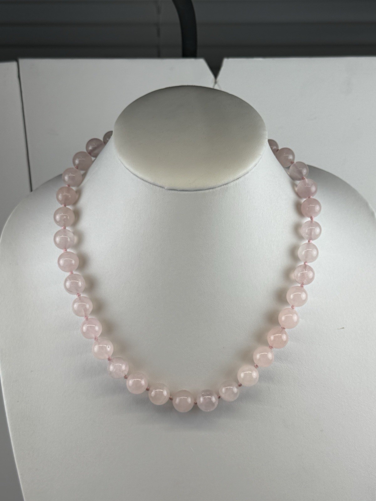 Rose Quartz 12.3mm Beaded Sterling Silver Clasp Necklace 2.25″