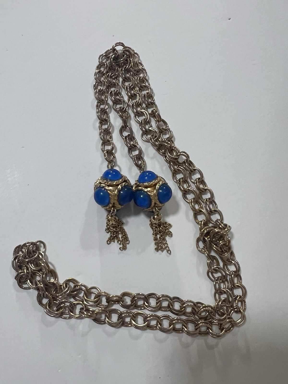 VTG 70s Sapphire Blue Mogul Glass Cabochon Lariat Tassel Necklace Belt Gold Tone
