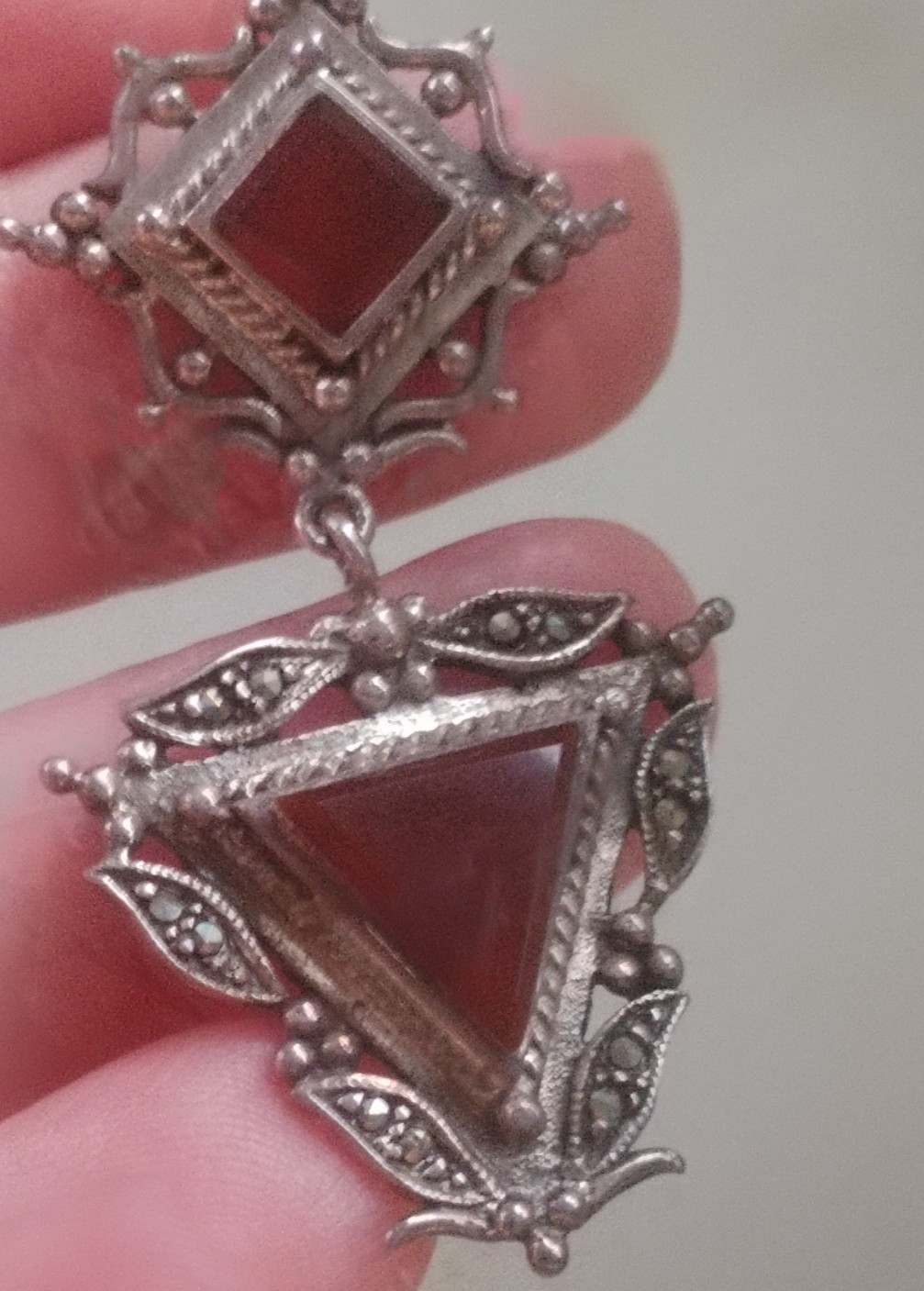 Carnelian Inset Triangle Drop Pierced Earrings