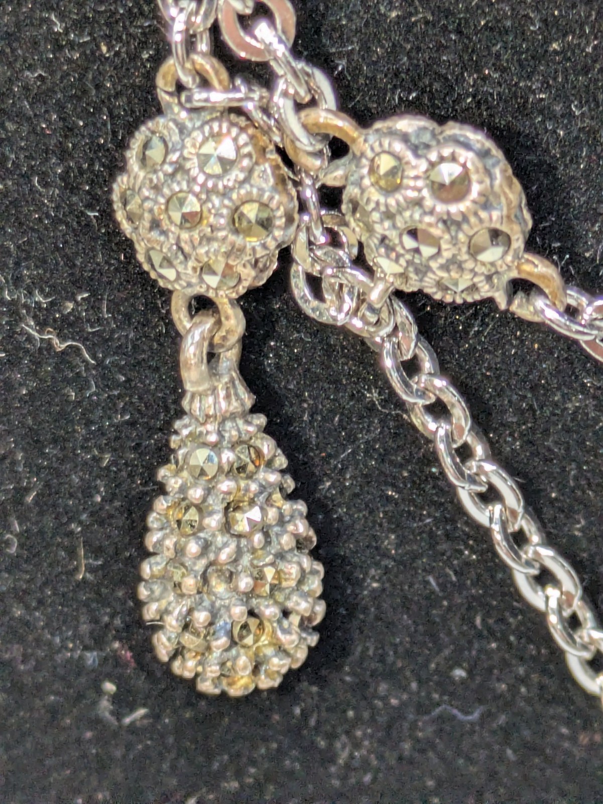 Vintage .925 Sterling Silver Marcasite Drop Chandelier Necklace Art Deco Style