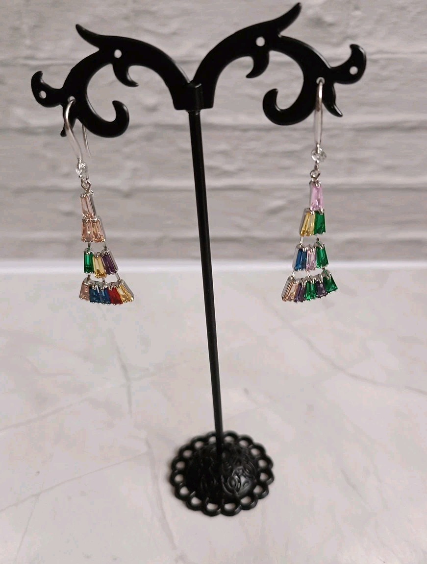 Silver Tone Multi Colour Stone (Red Green Pink Blue) Necklace & Earrings 16-19″