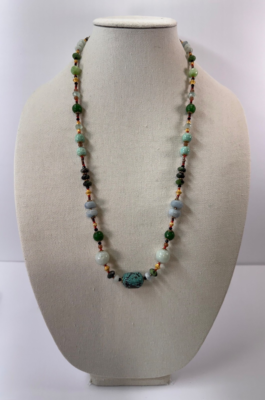 Artisan Mixed Gemstone Necklace Jade Aquamarine Ruby Zoisite Turquoise 27”