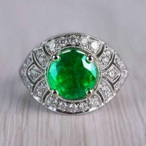 2.30Ct Round Cut Lab Created Emerald Wedding Ring 14K White Gold Plated
