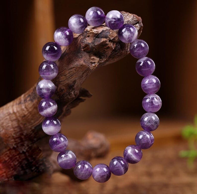 Amethyst Stone Beaded Healing Bracelet Purple Crystal Gemstone Stretch Bracelet