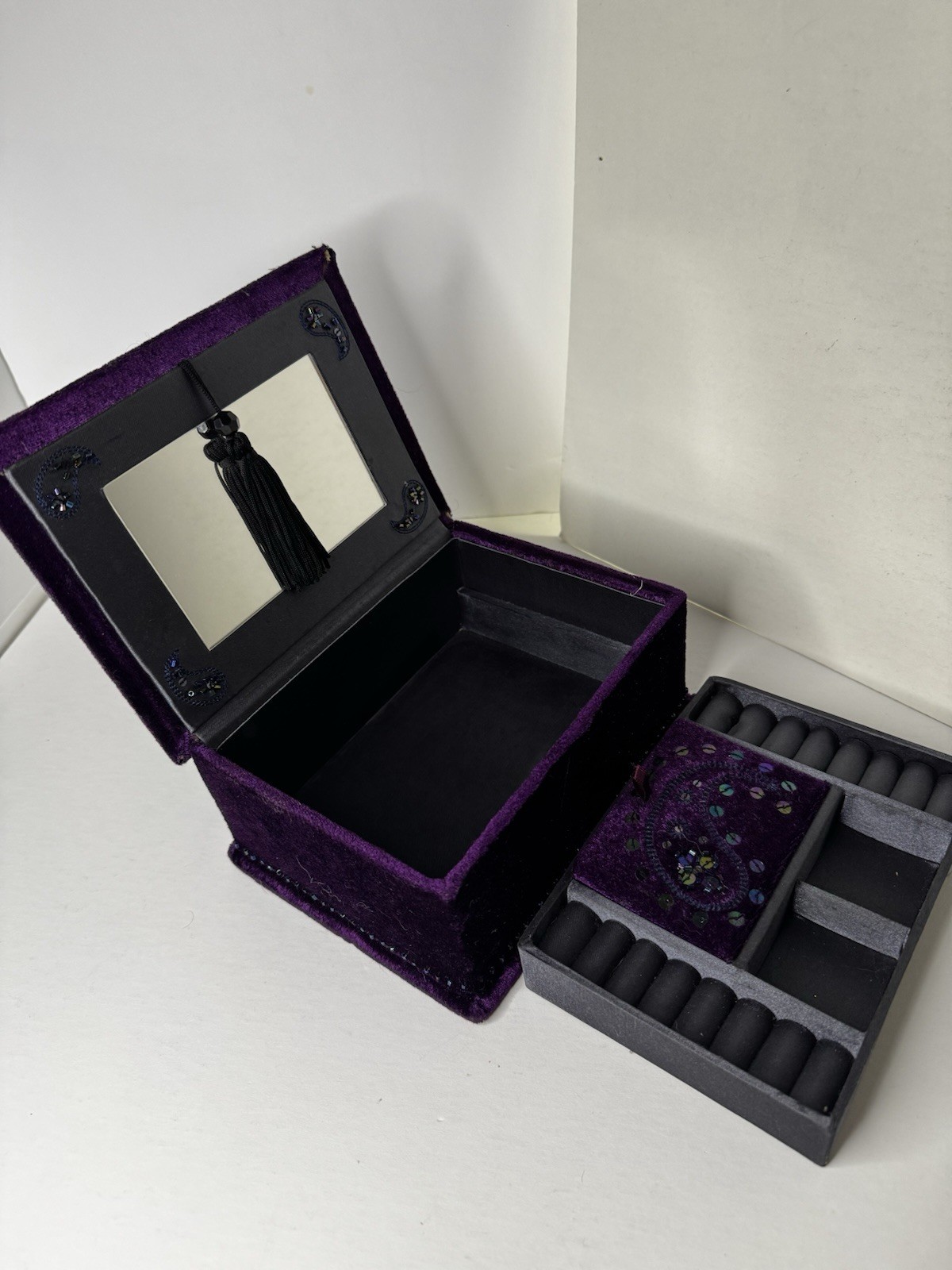 Vintage Purple Velvet Jewelry Box Mirror Drawer Ring Organizer Beaded Decor