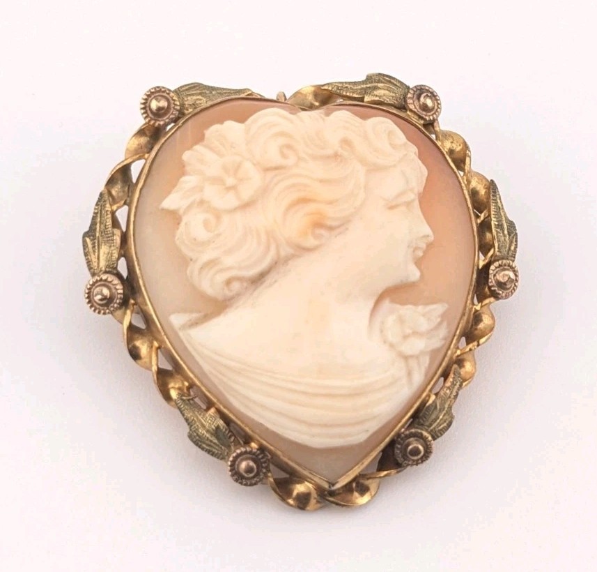 Vintage 1/20 12K Gold Filled Shell Cameo Brooch Pendant Convertible Heart
