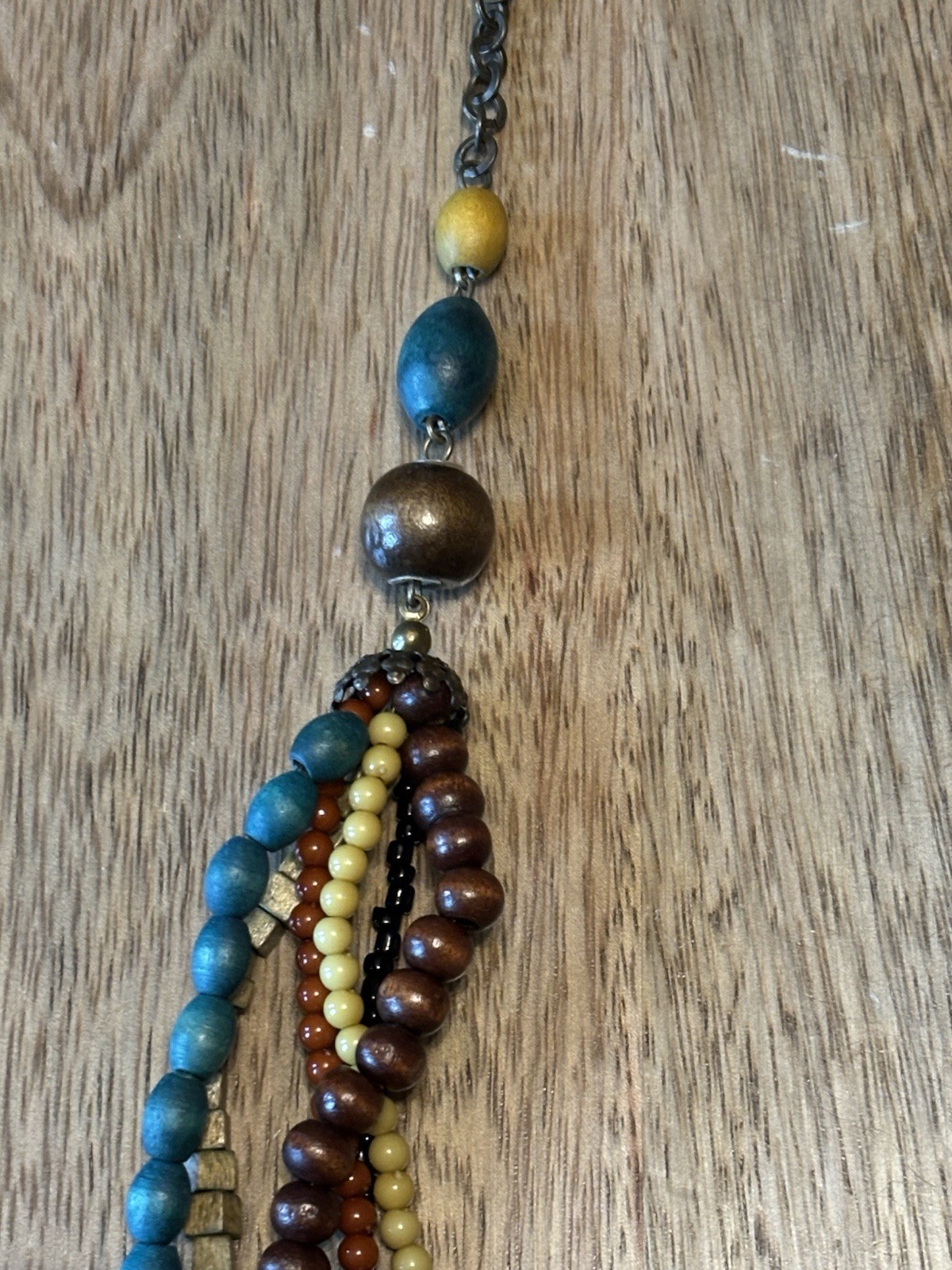 Multi-Strand Beaded Wood Metal Necklace Blue Brown Yellow Black for Women