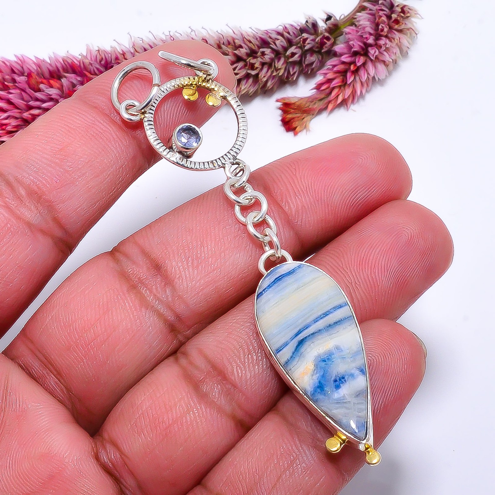 Blue Scheelite – Turkey & Iolite 925 Sterling Silver Two Tone Pendant 3.12″ P40