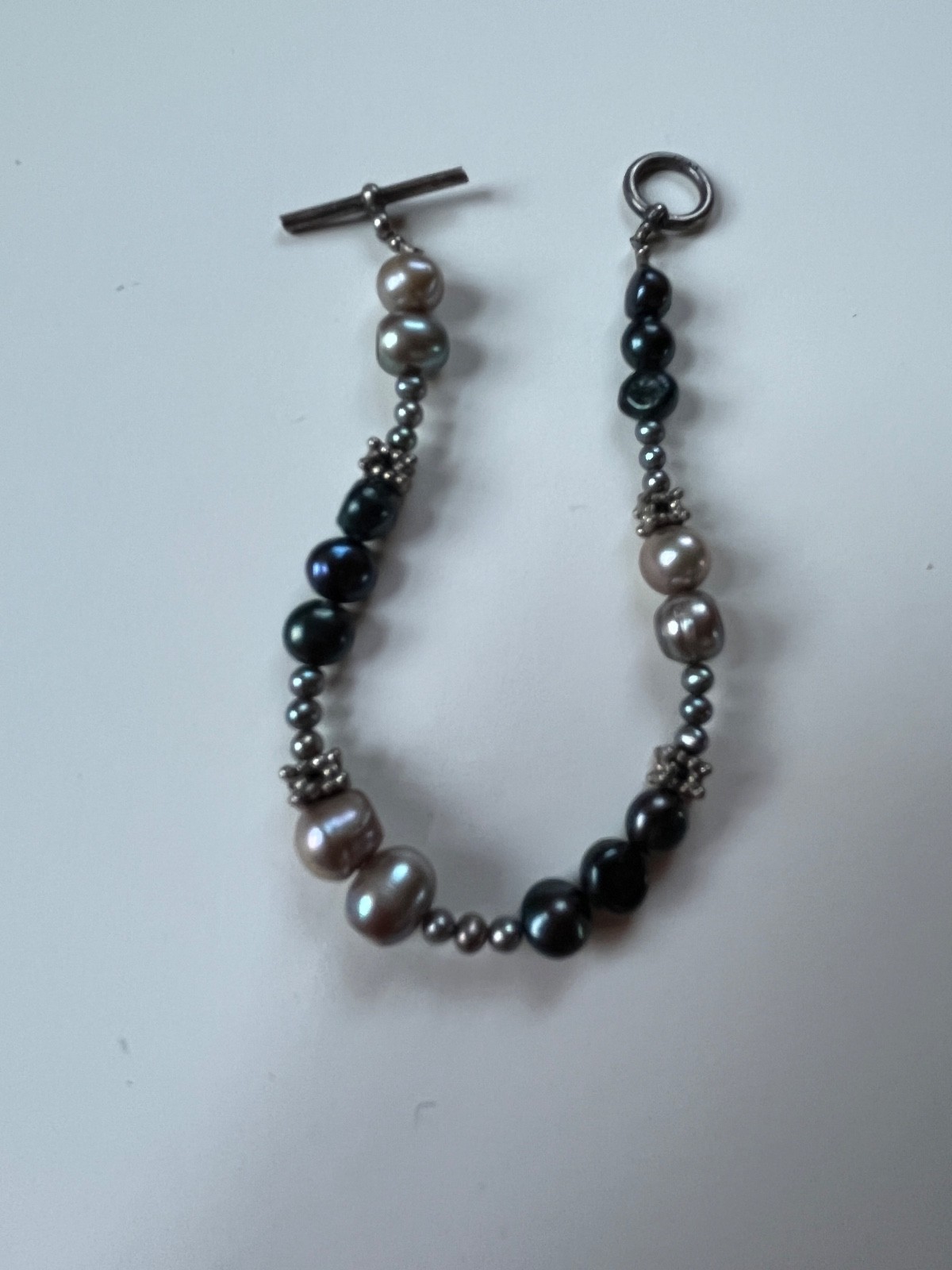 Black Gray Purple Iridescent Pearly Bead w 925 Marked Silver Clasp Bracelet –