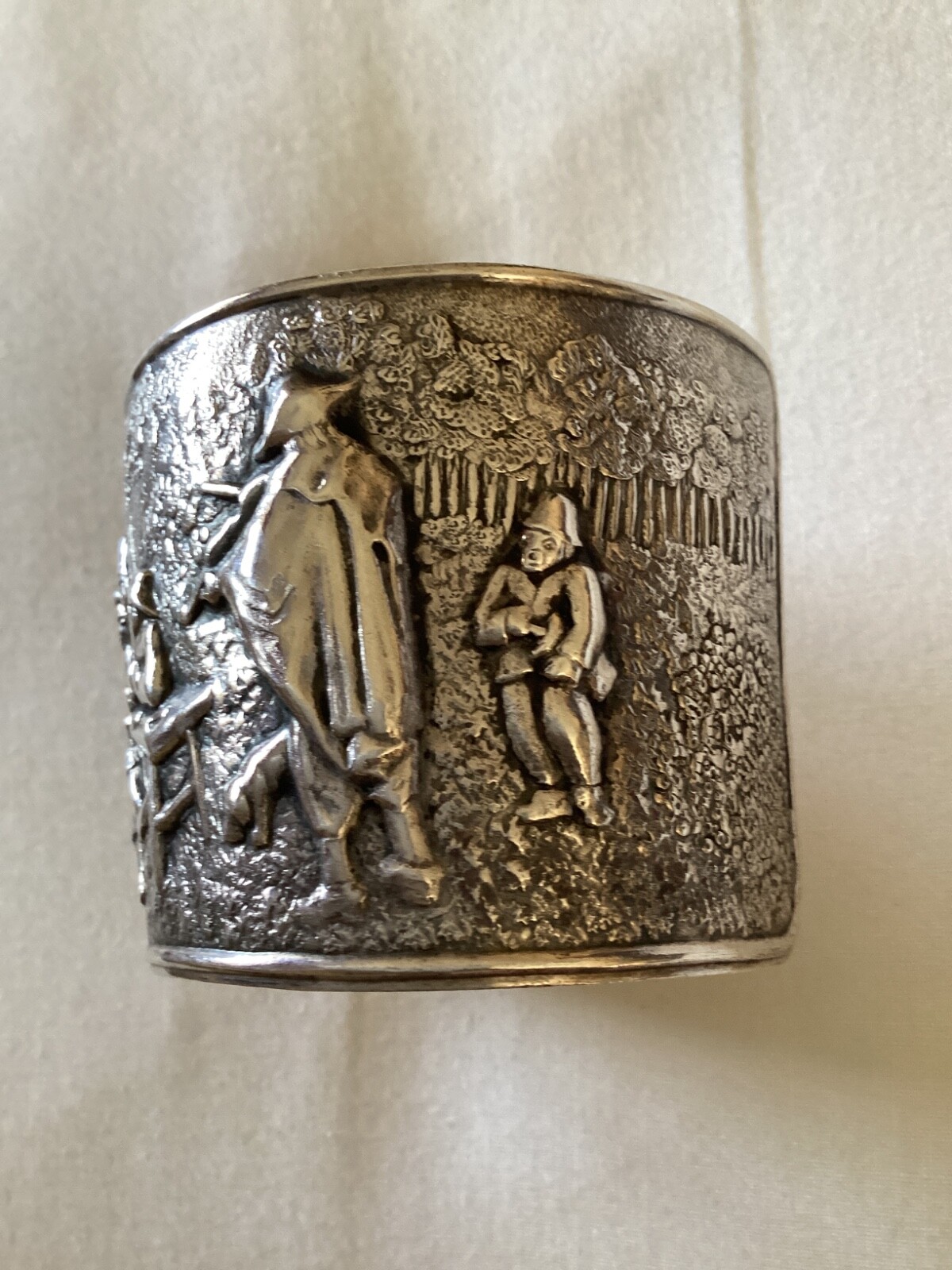 DANISH Vintage Silver 2” Cuff Bracelet-Repousse-Tavern Scene-marked Denmark