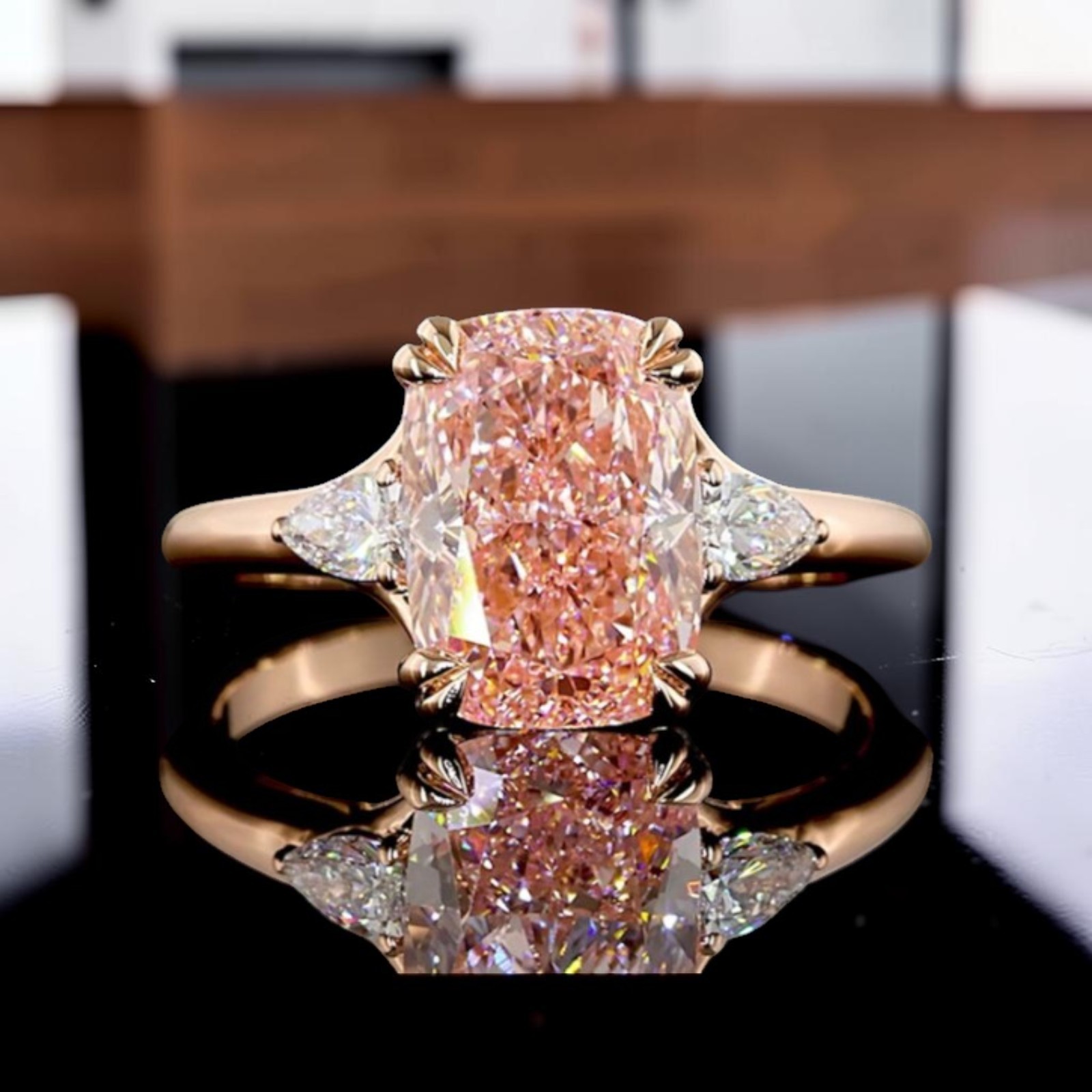 14k Rose Gold 4.50 Ct Fancy Vivid Pink Cushion Cut IGI Lab Created Diamond Ring