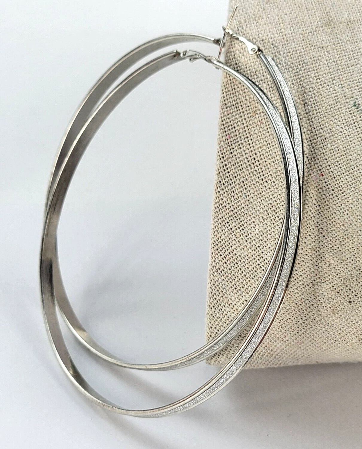 Silver-Tone Druzy Large Hoop Earrings Pierced Leverback 3.75 in