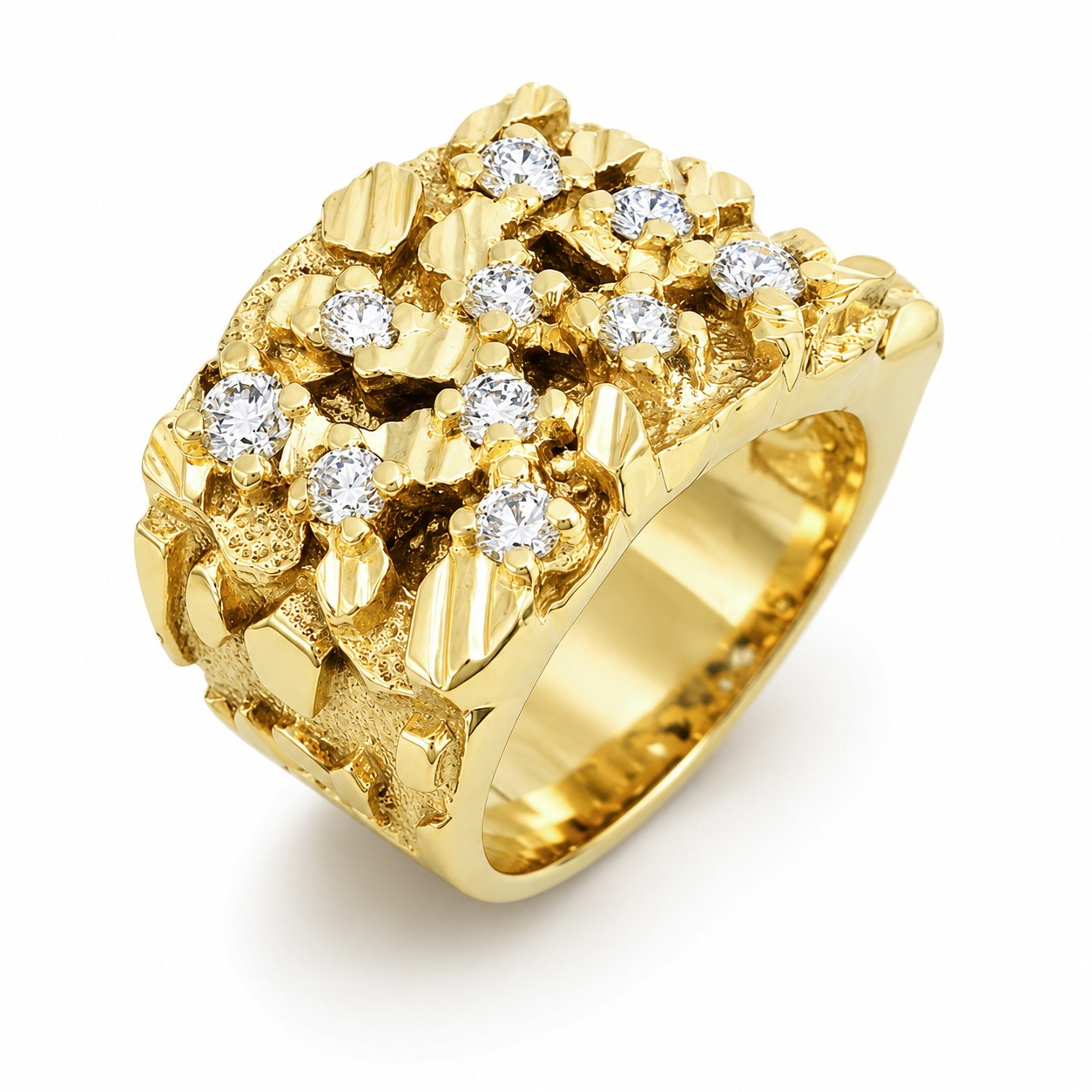 Real 14K Yellow Gold .70 Carat Wide Face Diamond Mens Nugget Ring Natural or Lab