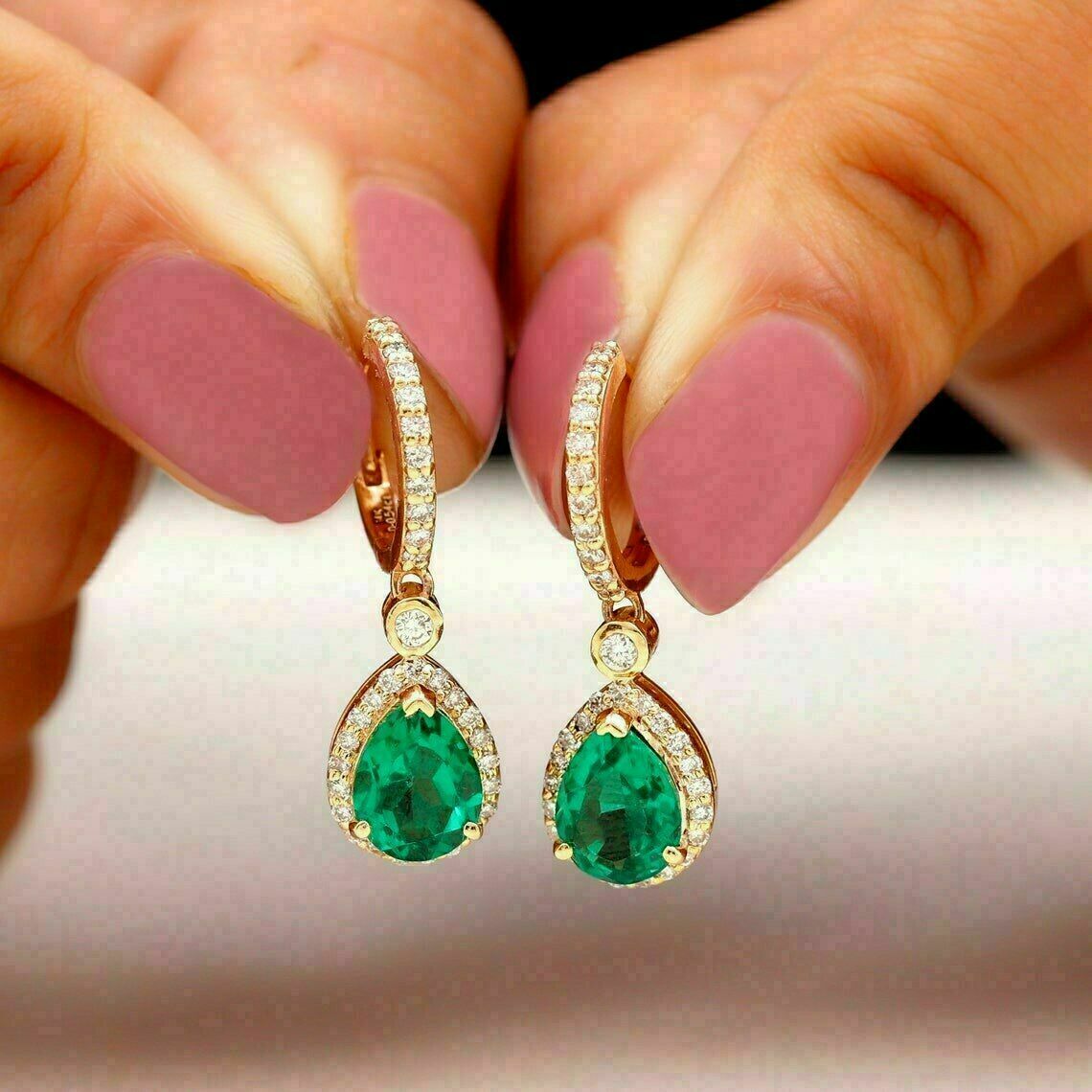 3Ct Pear Cut Green Lab Created Emerald Drop Earrings 14K Yellow Gold Plated