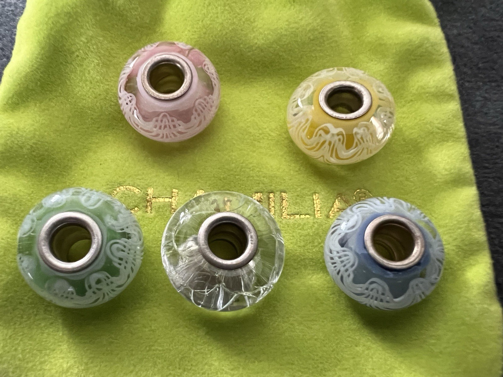 Chamilia 925 Sterling Murano Glass Charm Bead Lot of 5 w/ Dust Bag Retired