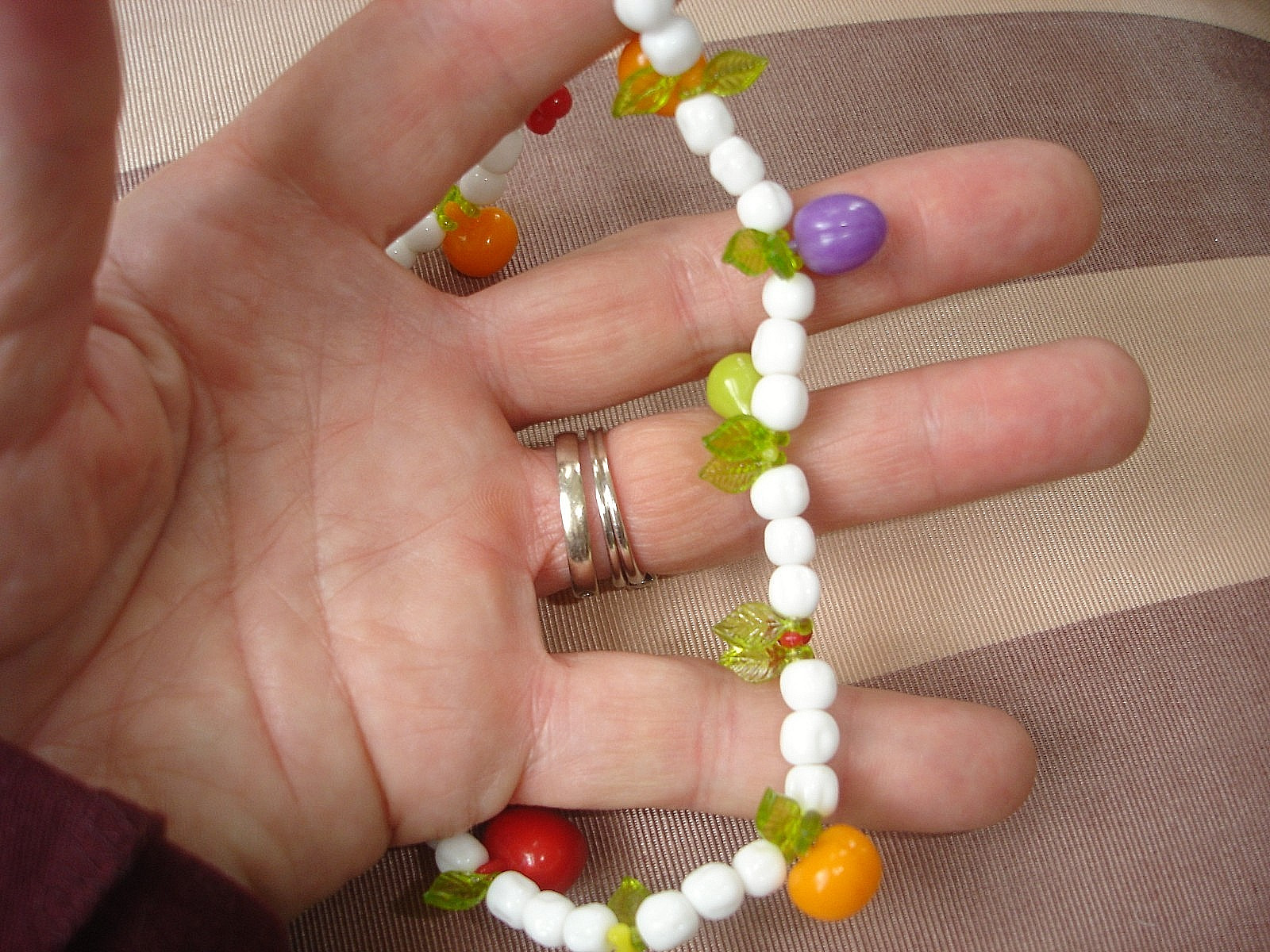 Vintage Plastic FRUIT White Glass Bead Necklace-Apple Banana Orange Pear Cherry