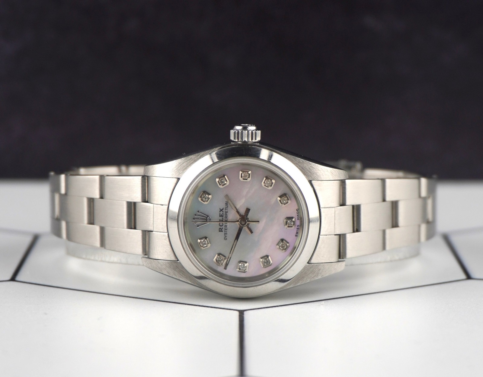 Rolex Oyster Perpetual 25mm Steel White MOP Diamond Smooth Oyster Watch 67180